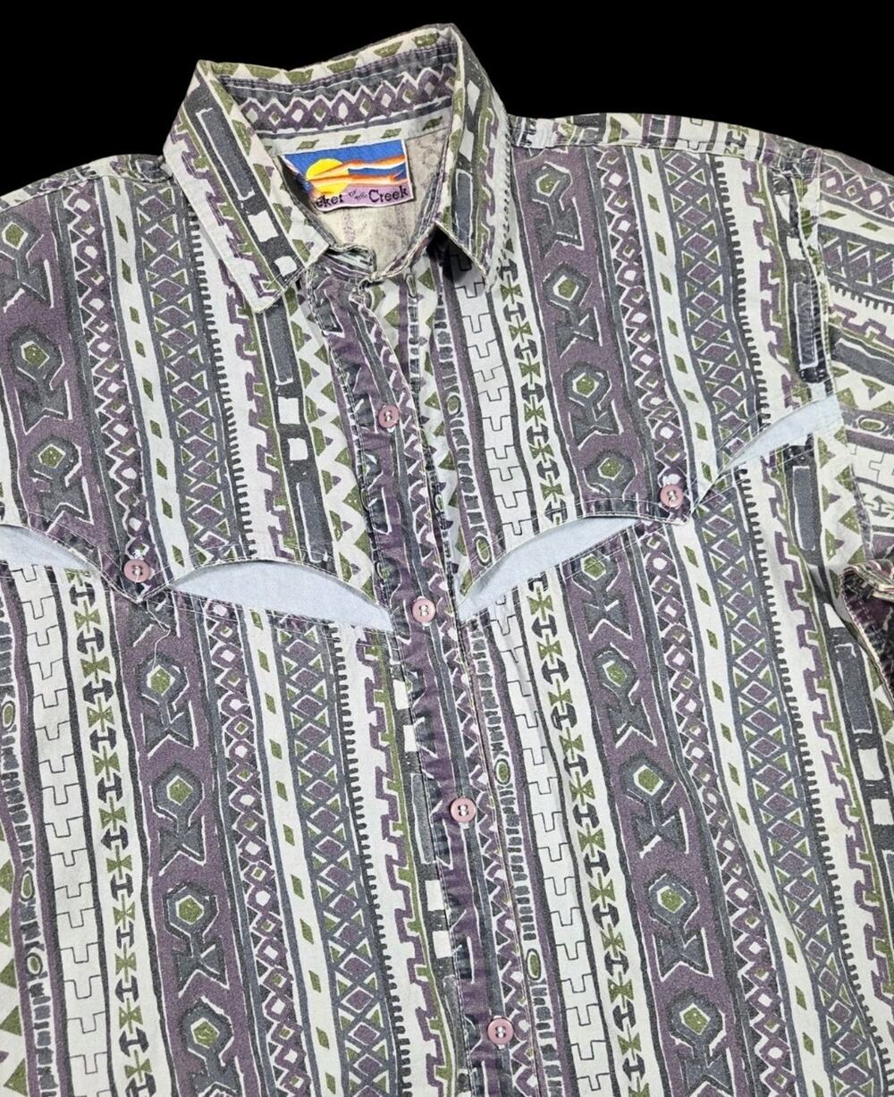 Vtg Aztec Western Yoke Shirt Geometric Striped Cowgirl 90s Southwestern Medium